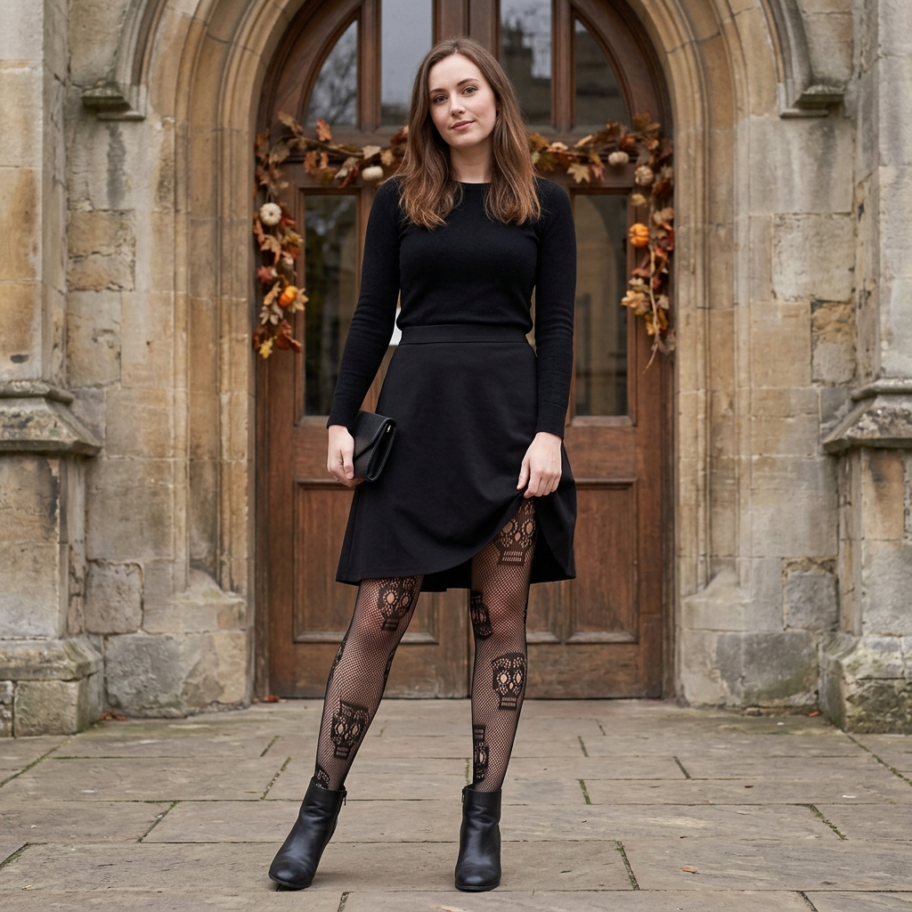 A woman stands in front of a stone archway doorway wearing a black long-sleeve mini dress, black tights with a floral pattern, and black ankle boots, holding a small black clutch.