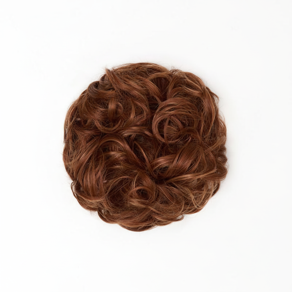 Heat resistant curly messy hair bun in warm auburn copper shade 33/30 Sunrose on pure white background, Amazon and eBay compliant hero shot