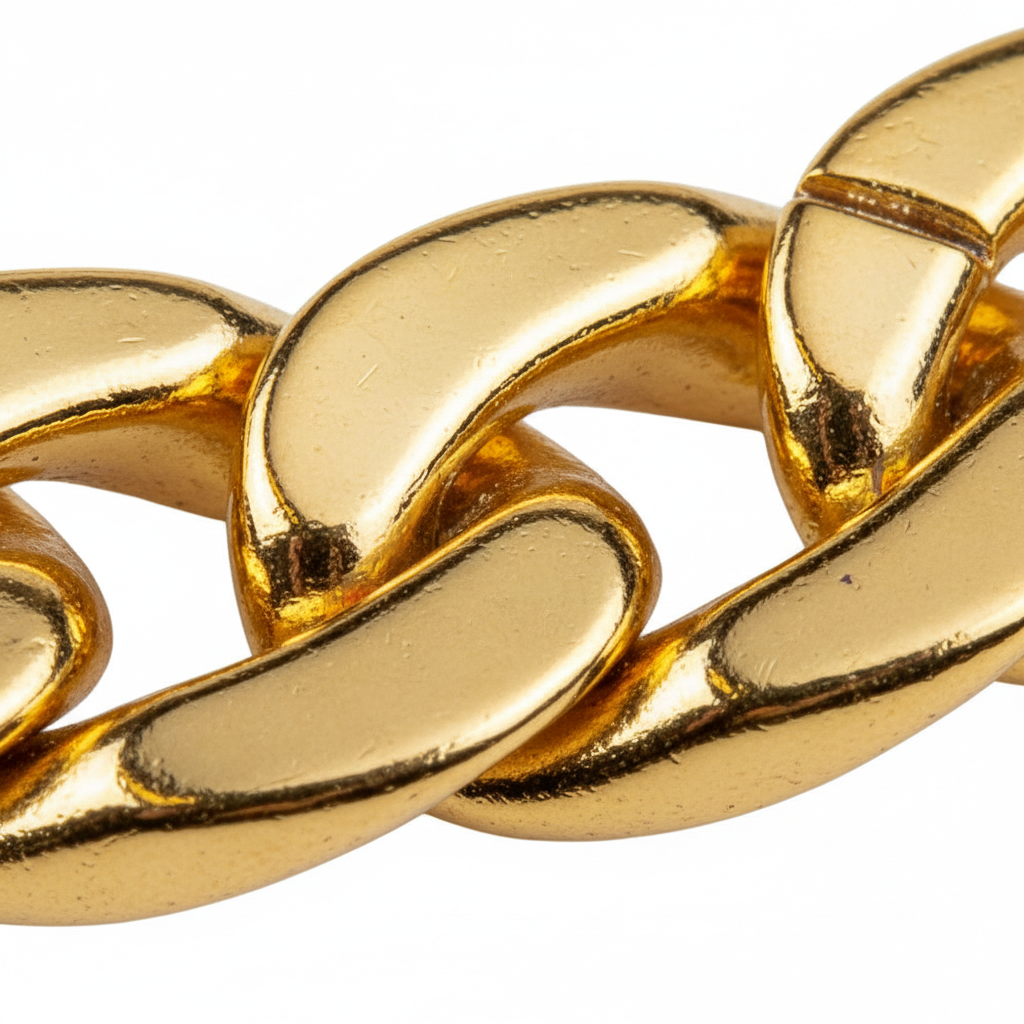 Extreme macro close-up of chunky gold bracelet links showing high-shine metallic finish and craftsmanship