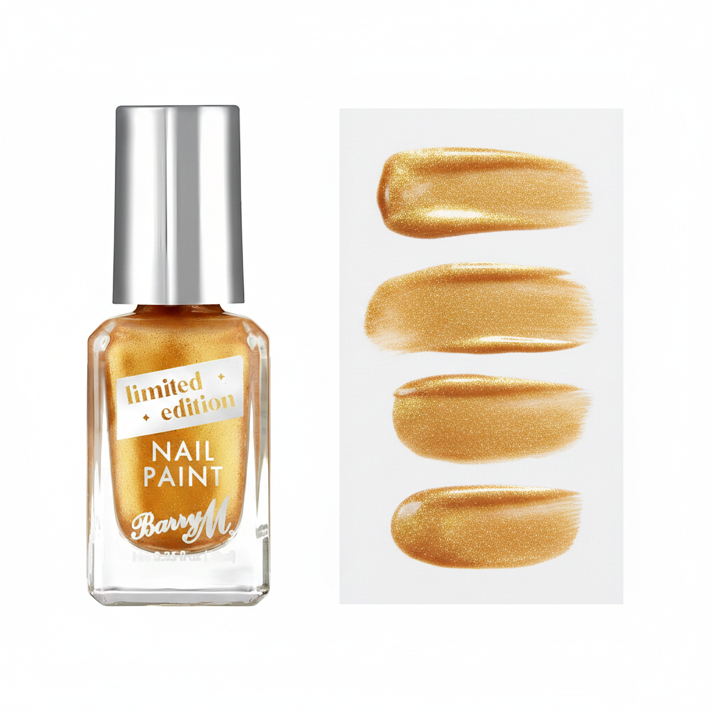 Barry M Gold Nail Polish colour swatch card - Syrup 149 shimmer finish