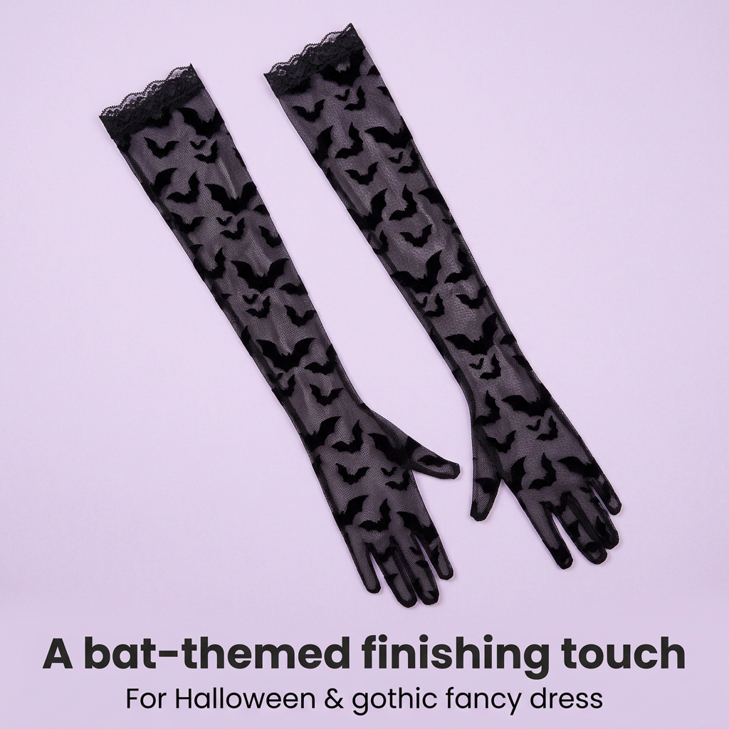 Black bat-pattern gloves arranged diagonally on lavender with a Halloween fancy-dress caption.