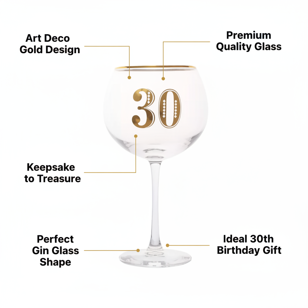 Art Deco 30th Birthday Gin Glass feature infographic with callout labels highlighting Art Deco design, quality glass and gift appeal