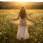Bohemian woman walking through sunlit meadow with coffee brown lace shawl flowing in golden hour breeze
