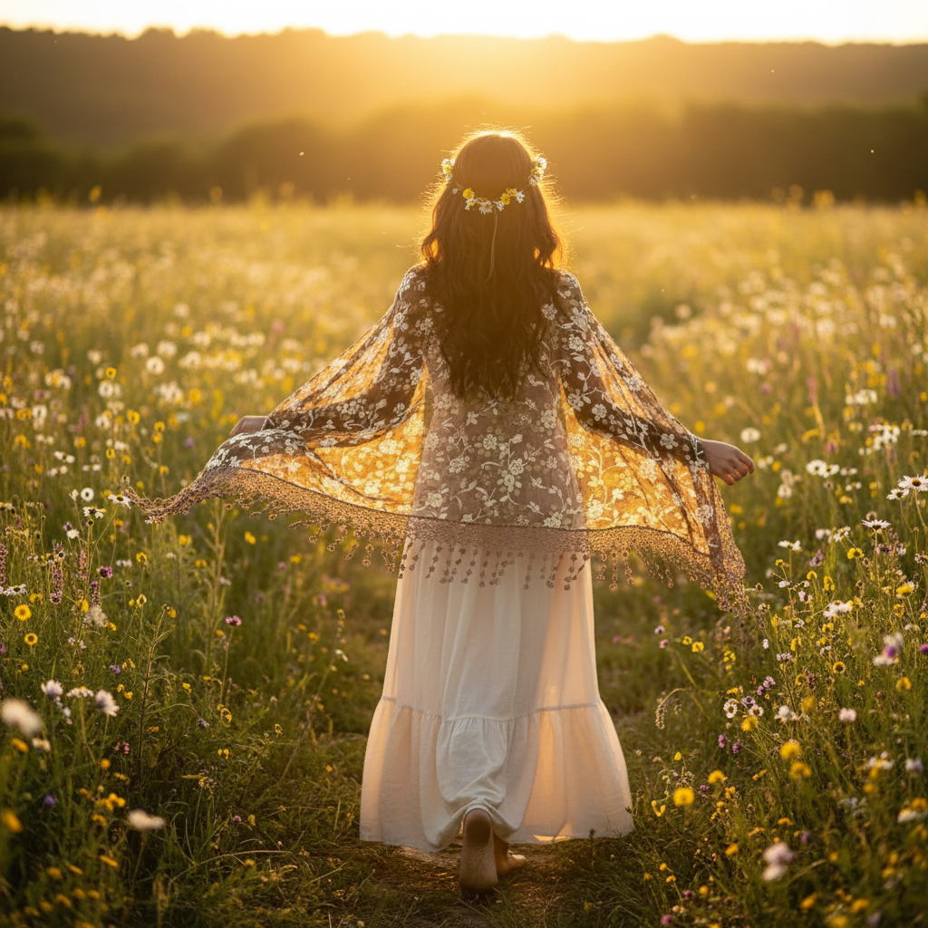 Bohemian woman walking through sunlit meadow with coffee brown lace shawl flowing in golden hour breeze