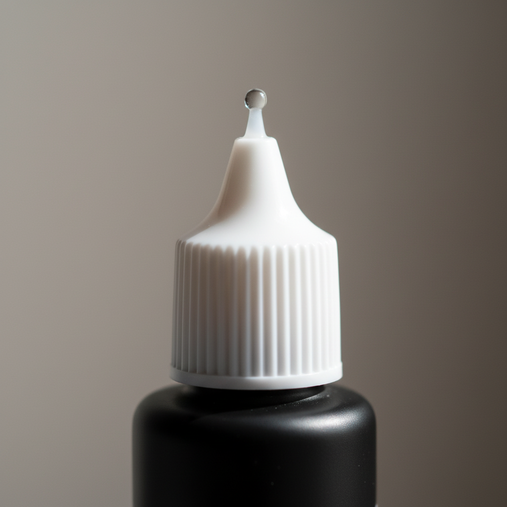Extreme macro close-up of Technic Essentials Nail Glue precision tip applicator nozzle showing clear adhesive bead and matte black bottle finish