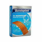 Questaplast 50 Assorted Washproof Plasters box on pure white background, silver and blue packaging, Amazon hero shot