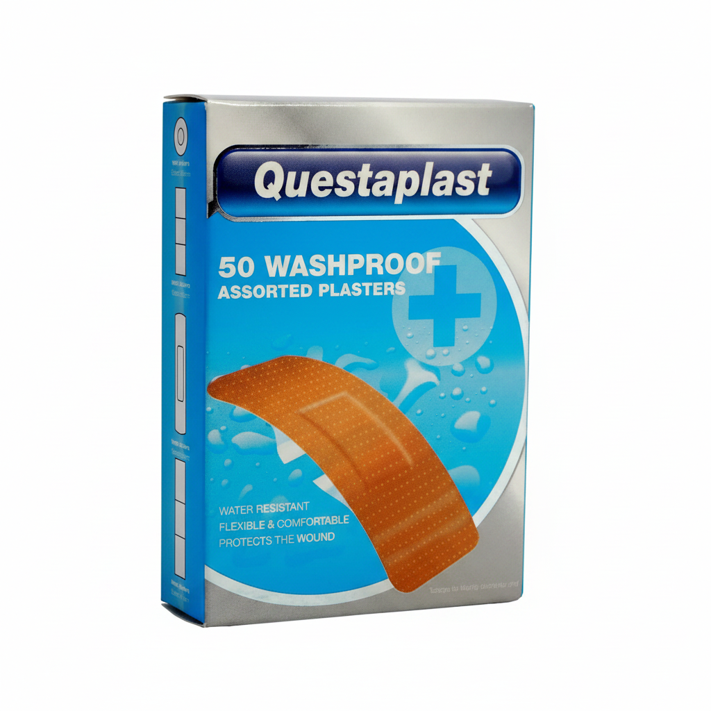 Questaplast 50 Assorted Washproof Plasters box on pure white background, silver and blue packaging, Amazon hero shot