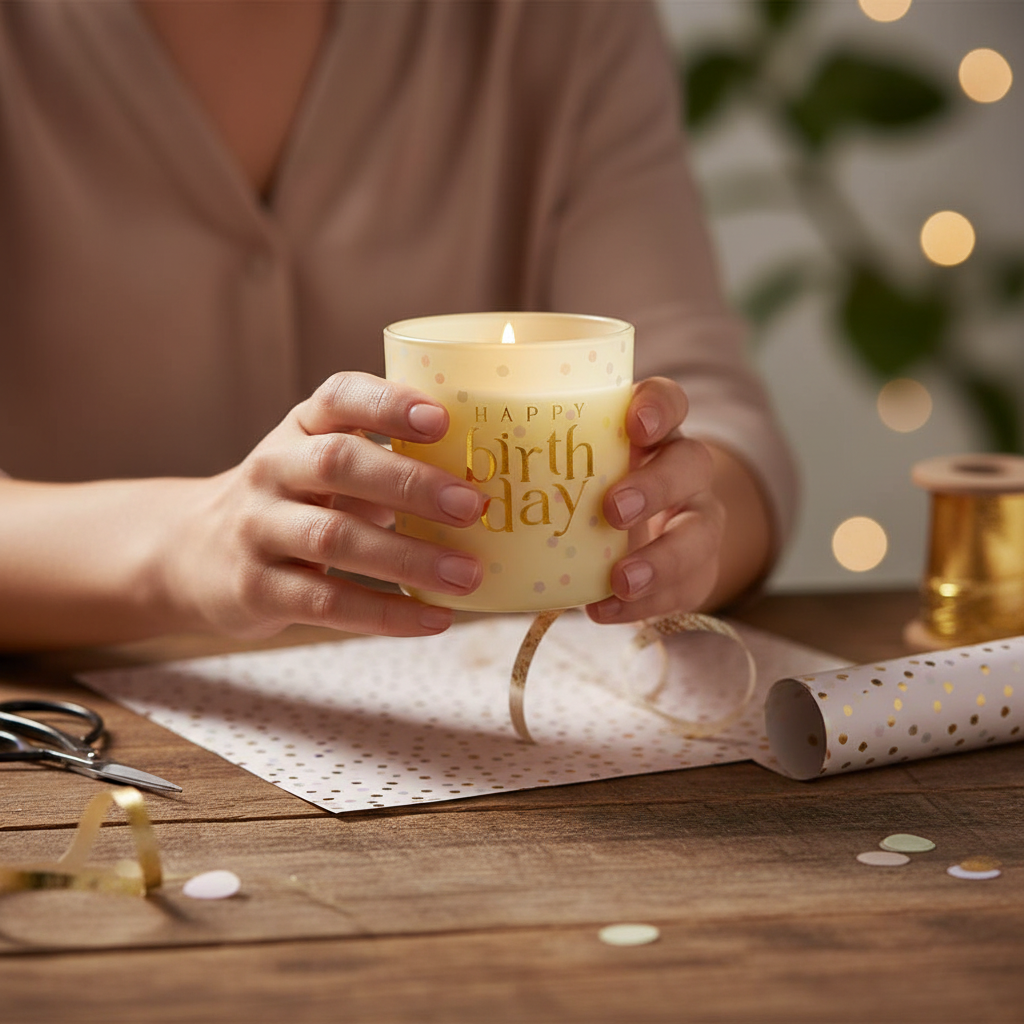 Woman gifting a Happy Birthday Confetti Candle with gold wax — candid lifestyle moment