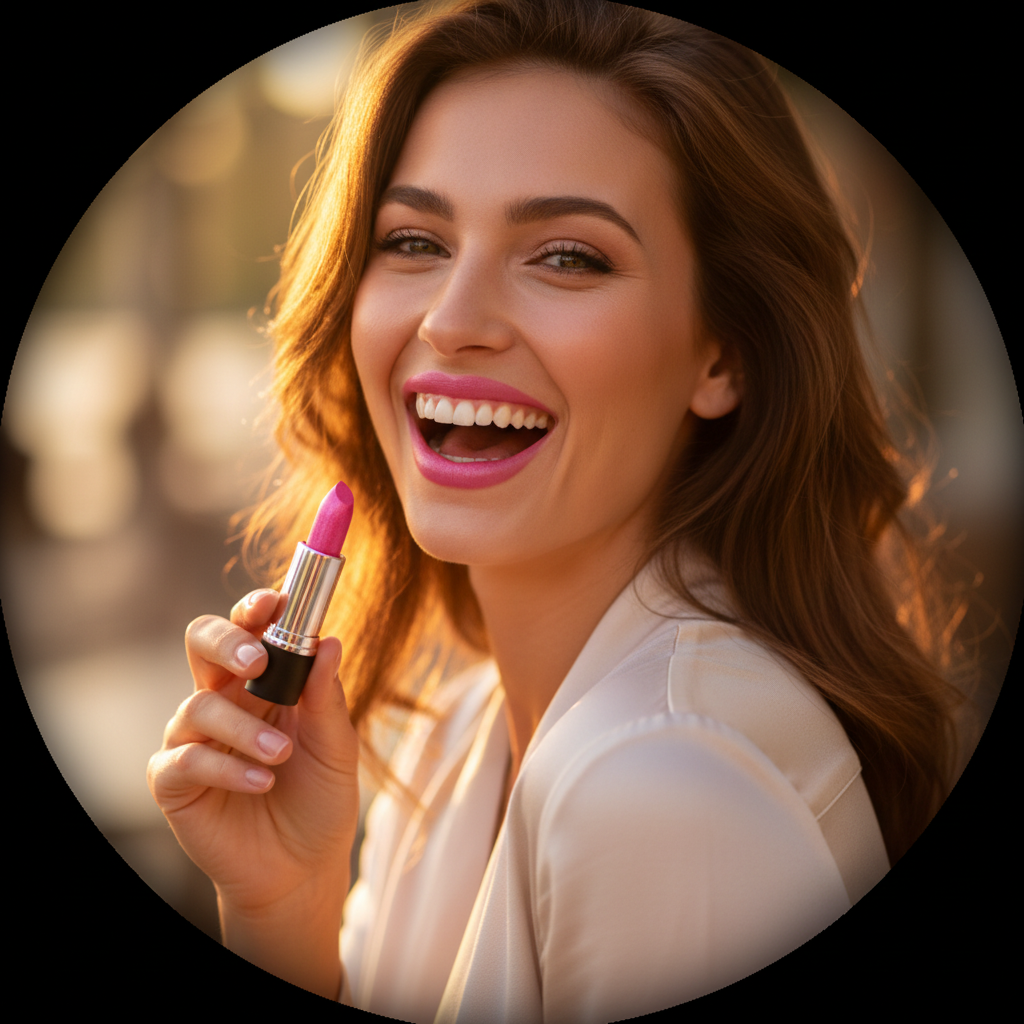 Playful woman with vibrant candy pink lips laughing joyfully holding Laval Candy Sizzle 07 in golden hour light