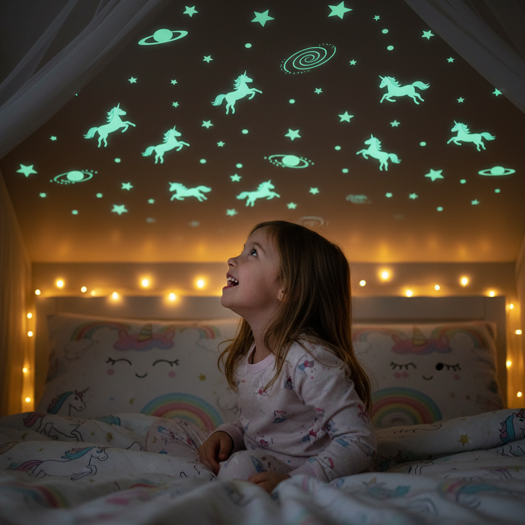 Young girl gazing in wonder at glow in the dark unicorn stickers glowing green on her bedroom ceiling in the dark