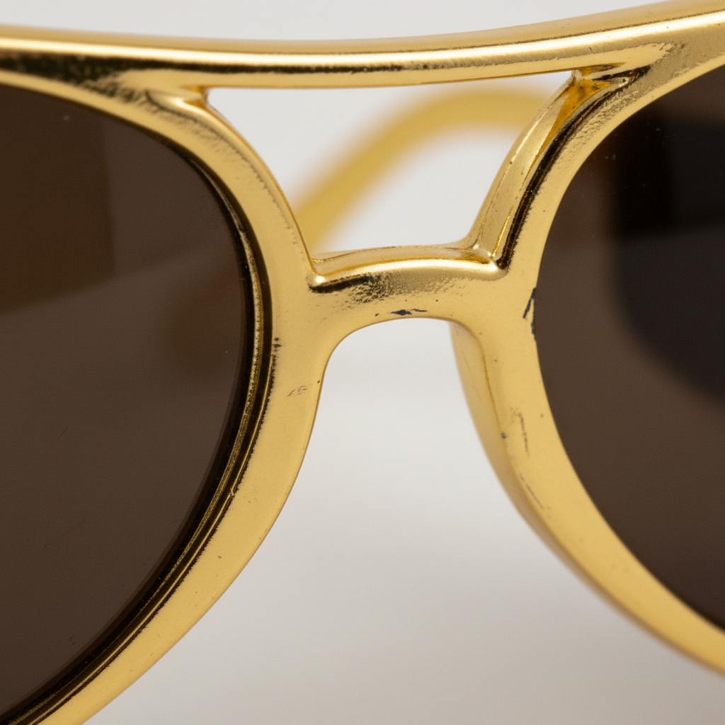 Extreme macro close-up of the metallic gold aviator frame of Elvis Presley novelty glasses showing finish and quality