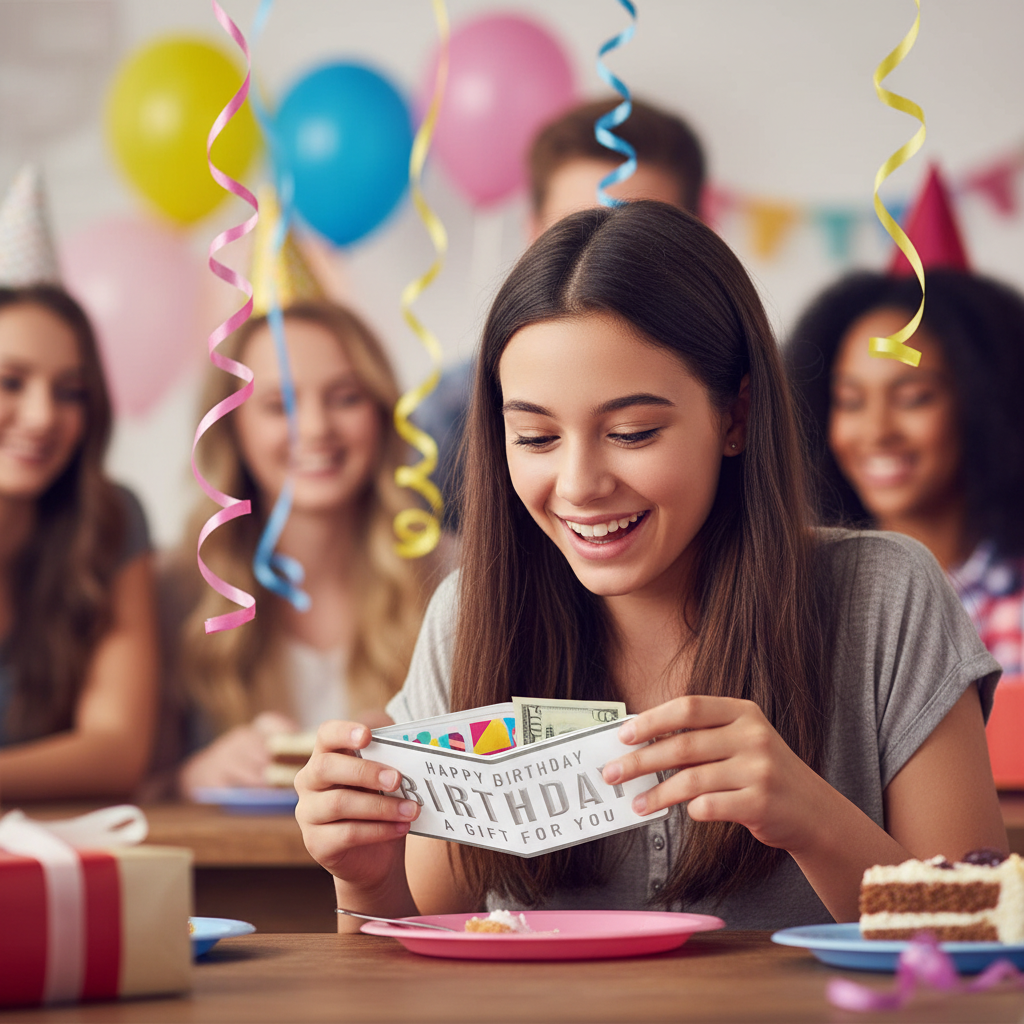 Teenage girl excitedly opening a Happy Birthday money wallet at a birthday party