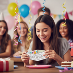 Teenage girl excitedly opening a Happy Birthday money wallet at a birthday party