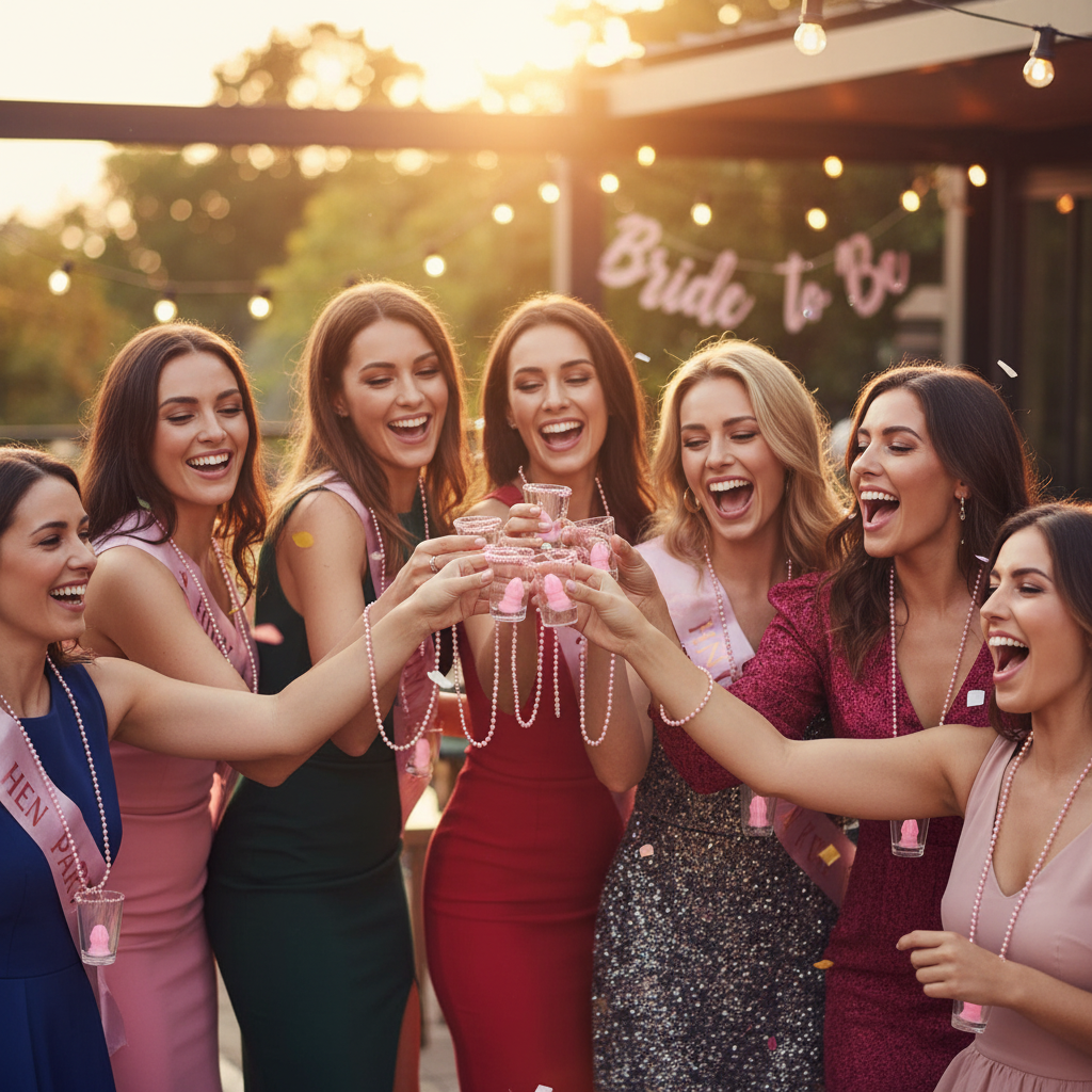 Group of women at a hen party all wearing pink bead necklaces with shot glass pendants, raising glasses in a toast together
