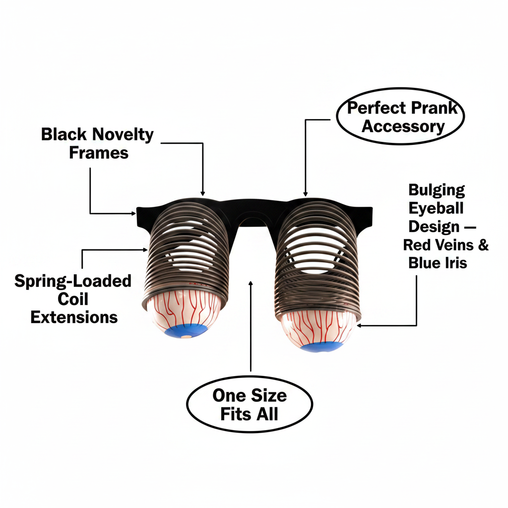 Joke pop-out eye glasses infographic showing black frames, spring-loaded coil extensions, bulging eyeball design with red veins and blue iris, one size fits all