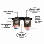 Joke pop-out eye glasses infographic showing black frames, spring-loaded coil extensions, bulging eyeball design with red veins and blue iris, one size fits all