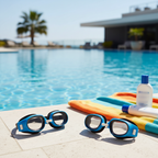 Osprey kids swimming goggles placed on pool edge beside beach towel and sunscreen in natural summer setting