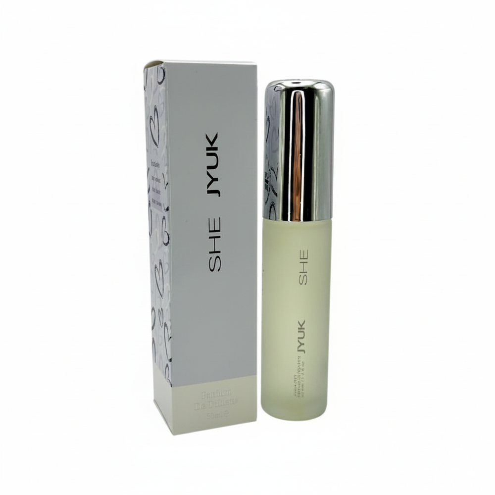 Milton Lloyd She JYUK Women's Perfume 50ml PDT bottle and box on pure white background, Amazon hero shot