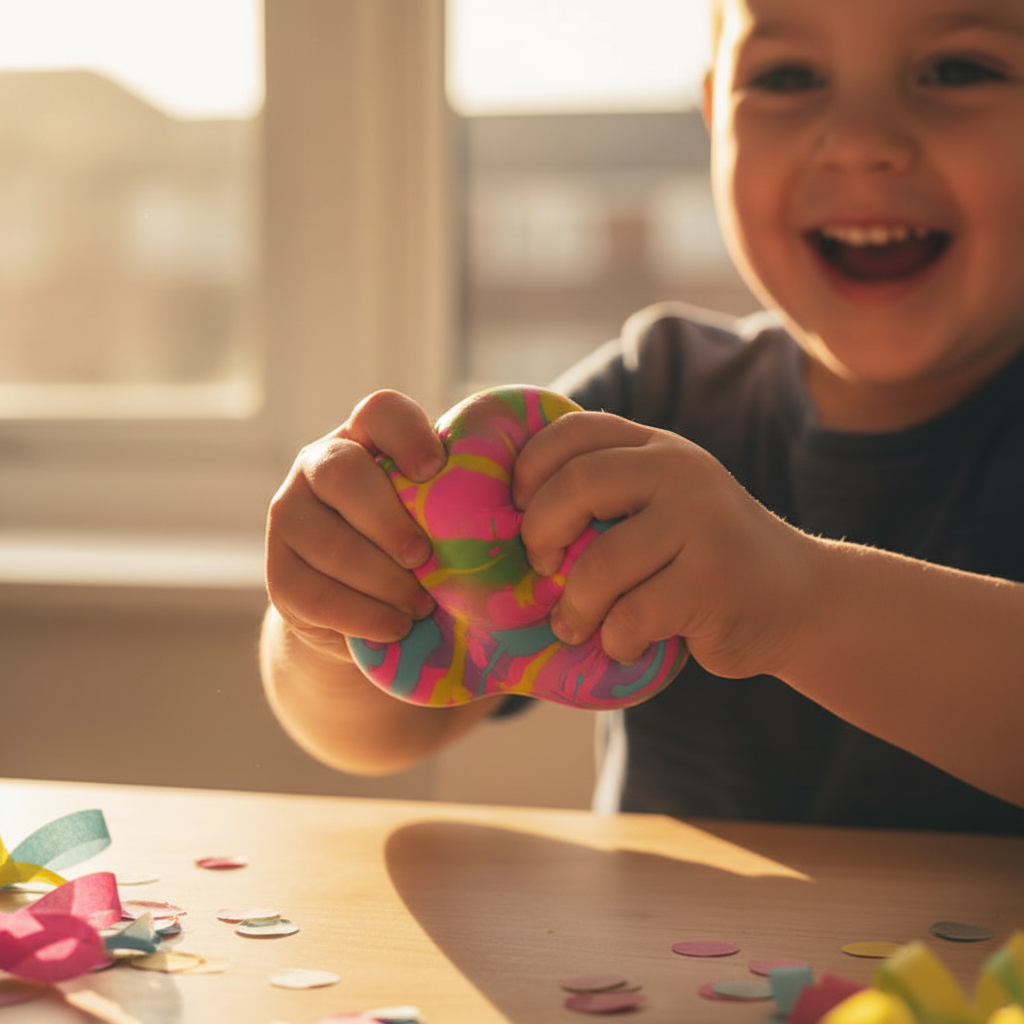 Child's hands squishing and stretching a colourful graffiti ball in warm golden hour light, showing joyful sensory play