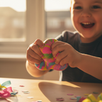 Child's hands squishing and stretching a colourful graffiti ball in warm golden hour light, showing joyful sensory play