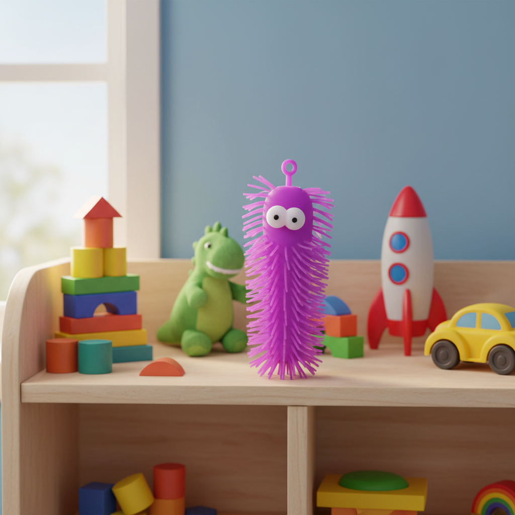 Purple Big Eye Puffer Caterpillar squeeze toy on a child's bedroom shelf surrounded by colourful toys, warm ambient lighting