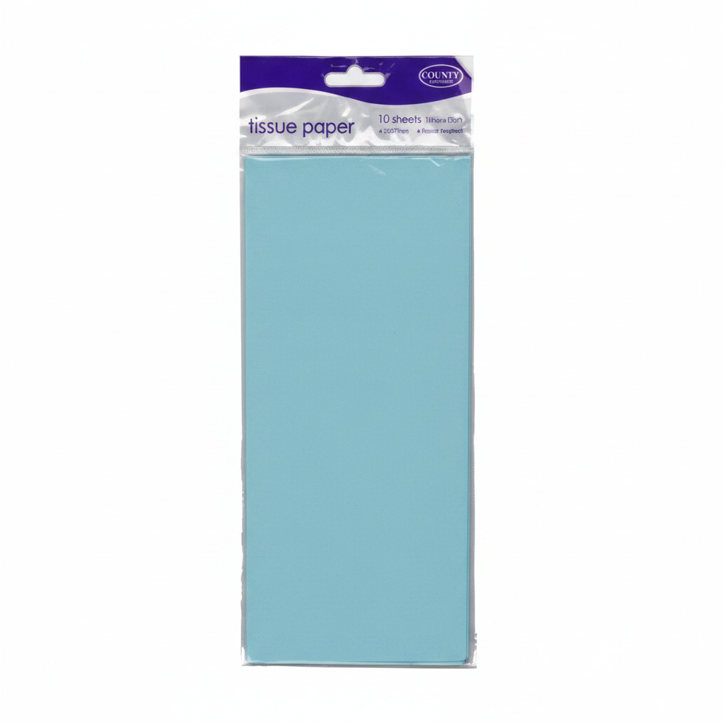 Light blue tissue paper pack of 10 on a pure white background, product centred, studio lighting, Amazon hero shot