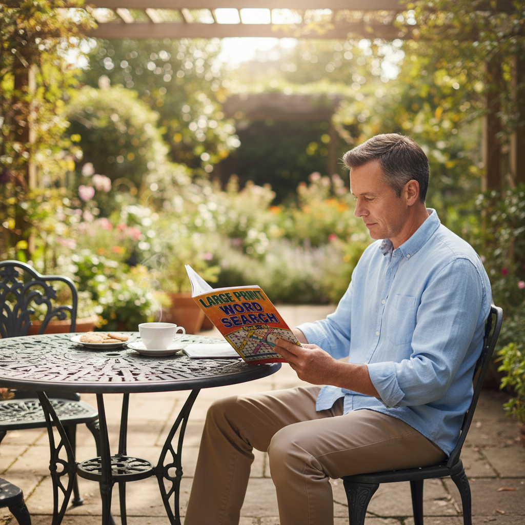 Man relaxing in sunny garden with Large Print Word Search Books 72 Puzzles and cup of tea