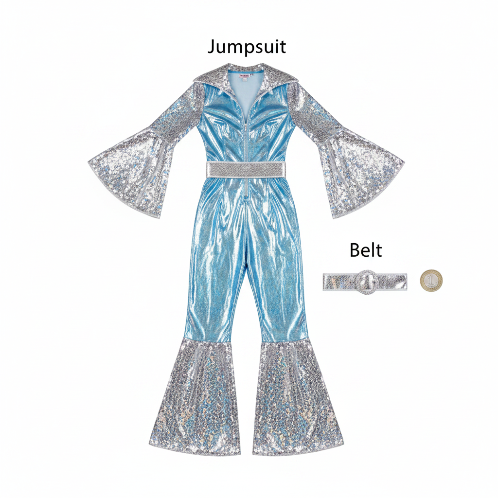 Flat lay of ABBA Waterloo blue silver jumpsuit and belt beside a £1 coin showing 40cm scale on white background