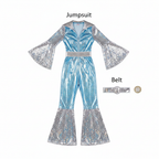 Flat lay of ABBA Waterloo blue silver jumpsuit and belt beside a £1 coin showing 40cm scale on white background