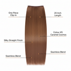 Feature infographic for 20 inch one piece straight clip-in hair extension Colour #5 Caramel Cosmos highlighting key benefits