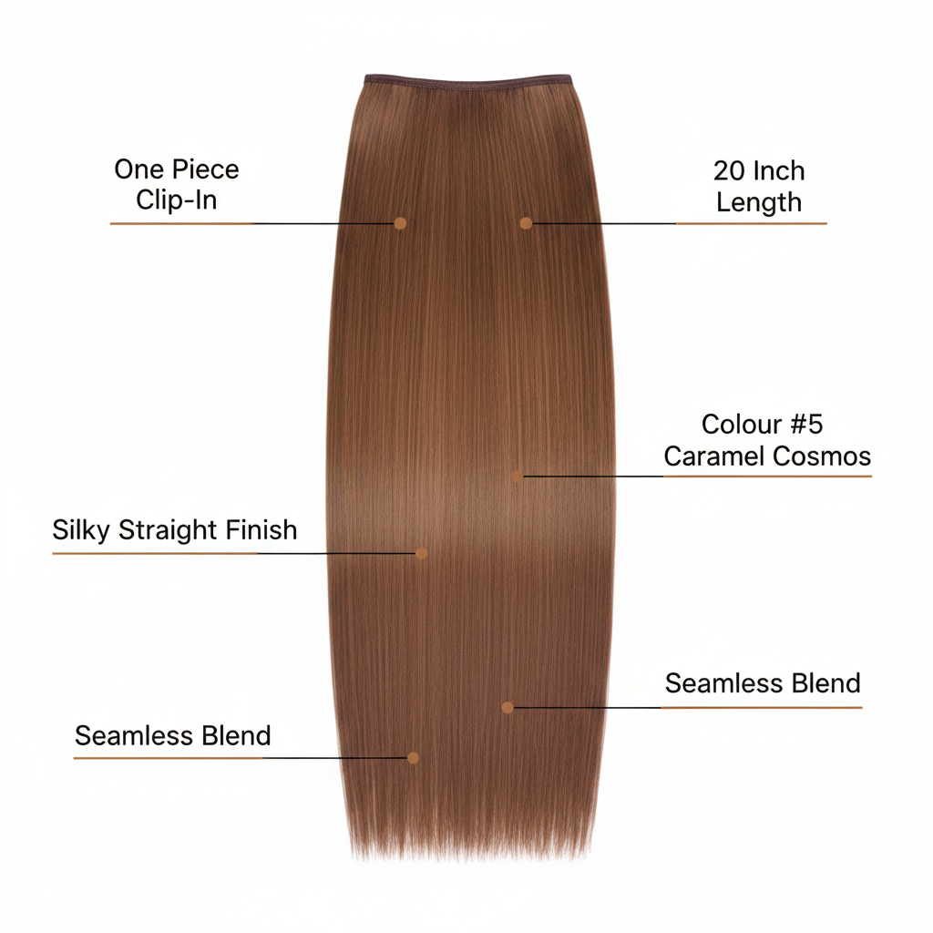 Feature infographic for 20 inch one piece straight clip-in hair extension Colour #5 Caramel Cosmos highlighting key benefits