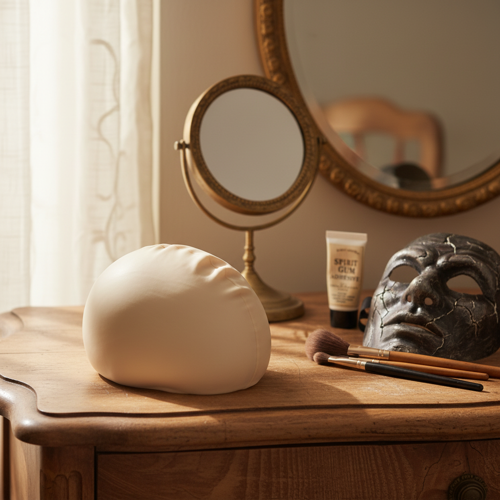 Warm beige latex bald cap on wooden dressing table with Halloween costume accessories and stage makeup brushes