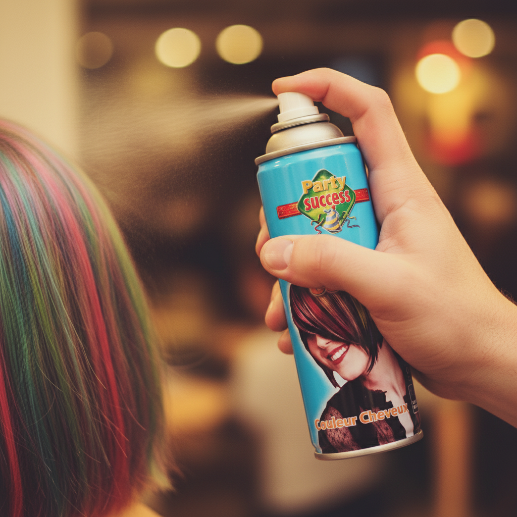 Hand spraying the white temporary hair colour spray into hair