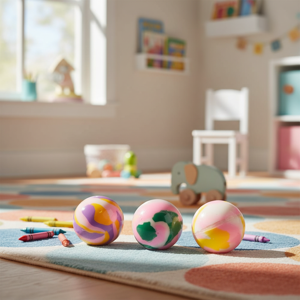 Three assorted sensory putty balls in a bright colourful playroom setting with natural window light