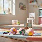 Three assorted sensory putty balls in a bright colourful playroom setting with natural window light