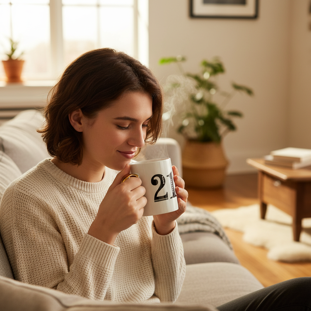 Person enjoying hot beverage from Art Deco 21st birthday mug in cozy home setting