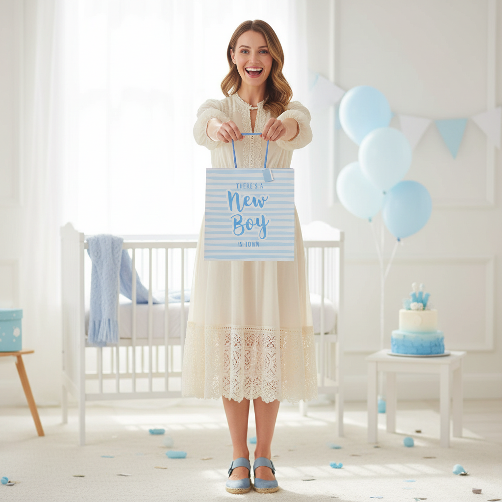 Woman holding blue baby boy gift bag at baby celebration