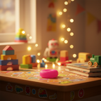 Hot pink Squidgy Donut squishy toy on a kids bedroom desk in warm golden hour light surrounded by soft bokeh