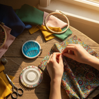 Aspirational lifestyle scene of sewing pins and needles set beside colourful fabric in warm golden hour light