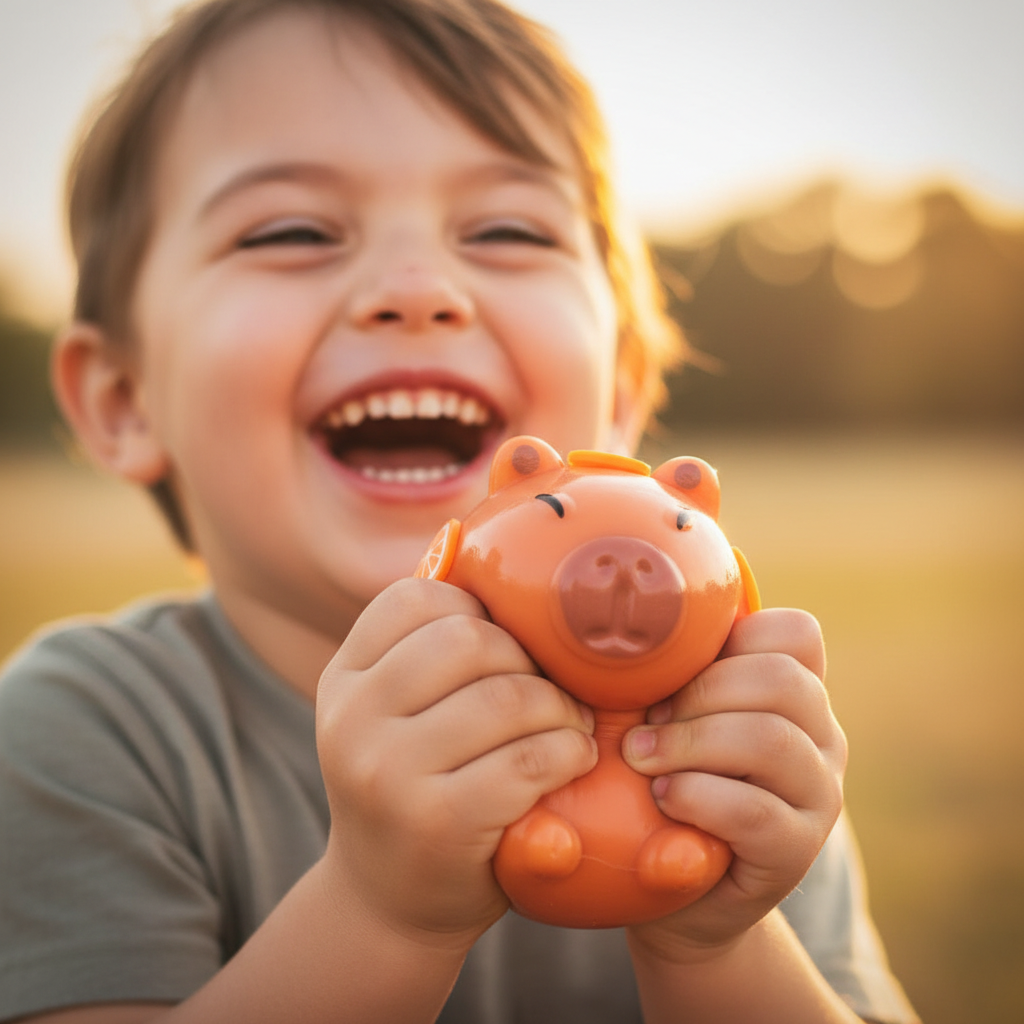 Happy laughing child holding the Scrunchems Sticky Squishy Capybara toy in golden hour light