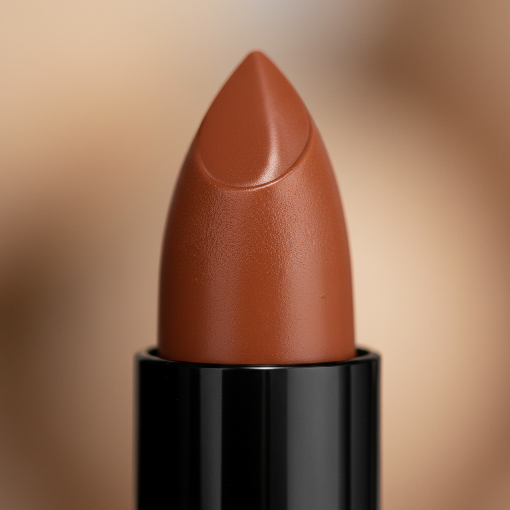 Extreme macro close-up of Laval Caramel Kiss Lipstick 17 bullet showing warm caramel-nude velvety texture