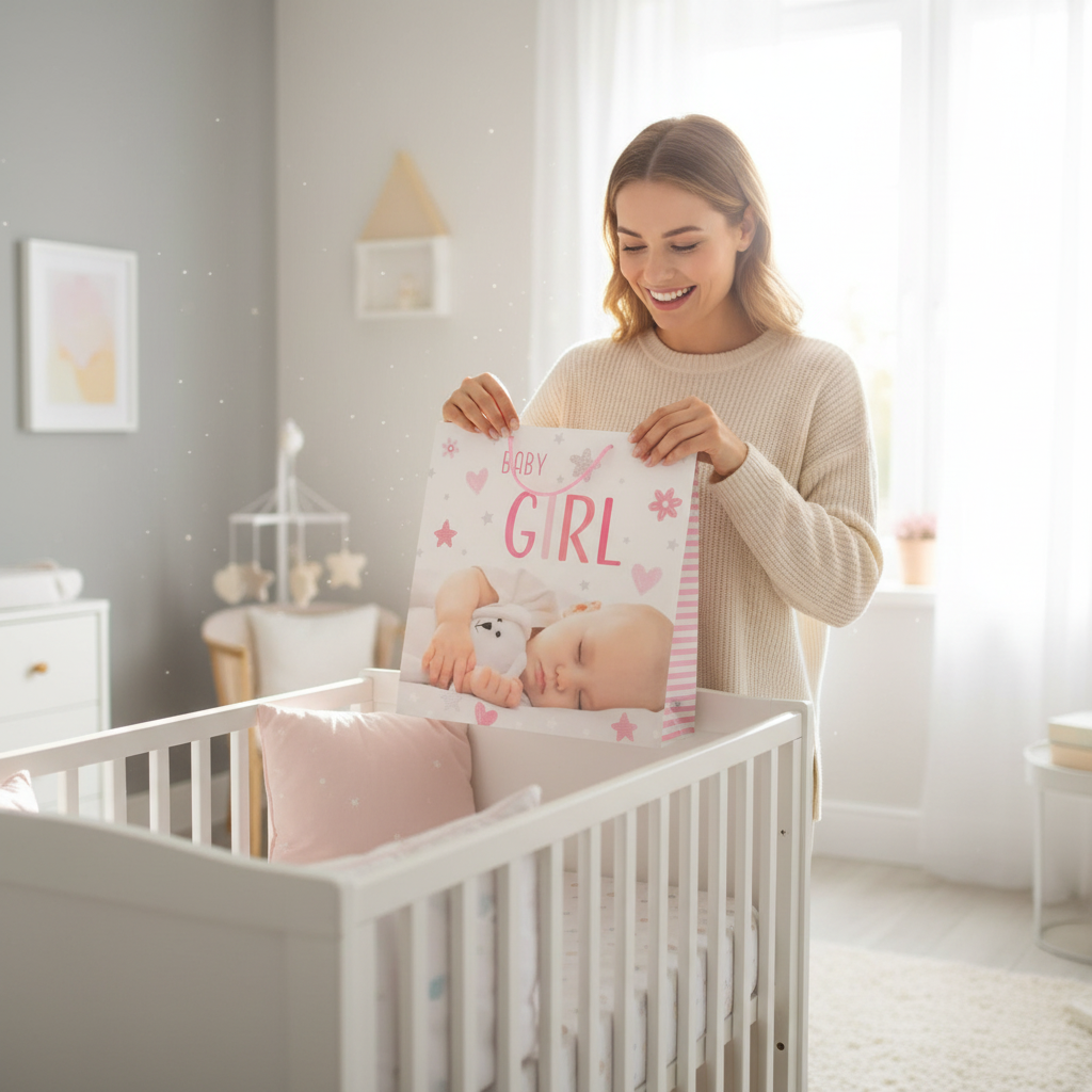 New mother holding pink baby girl gift bag in nursery opening special baby shower present