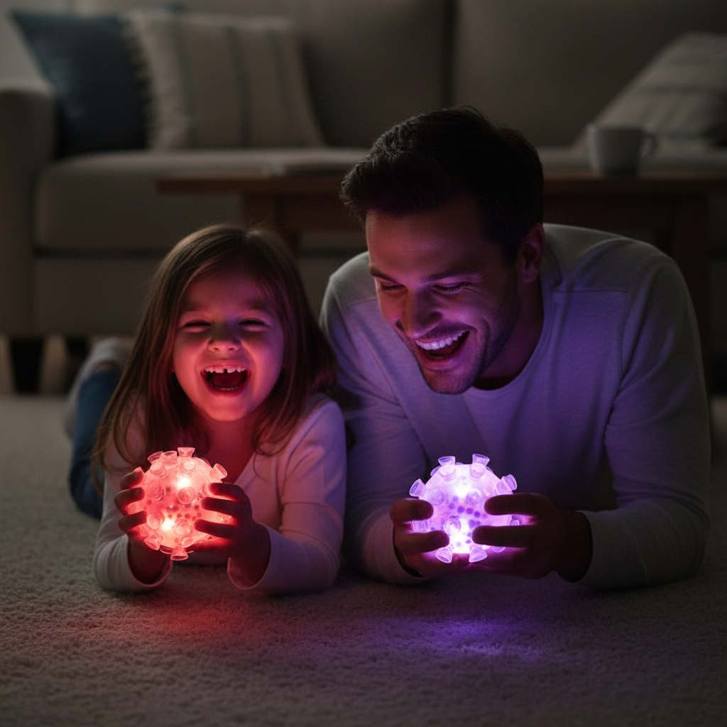 Parent and child laughing together in dark living room with glowing red and purple Squish Squeeze Strobe balls