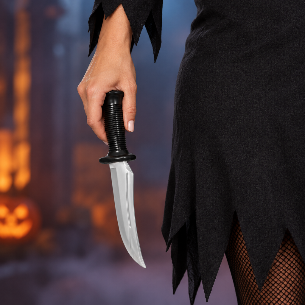 Adult in black Halloween costume holding the black-handled silver-grey knife prop at their side