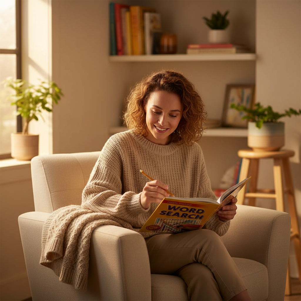 Woman relaxing in armchair solving Brain Games Word Search Book with a pencil