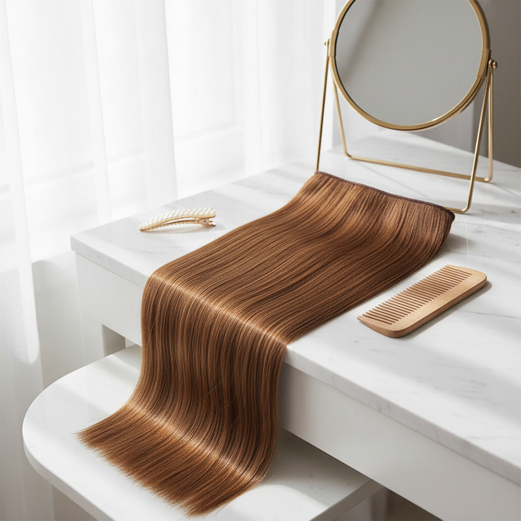 20 inch caramel brown clip-in hair extension displayed on marble vanity with mirror and comb in soft natural window light
