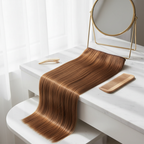 20 inch caramel brown clip-in hair extension displayed on marble vanity with mirror and comb in soft natural window light