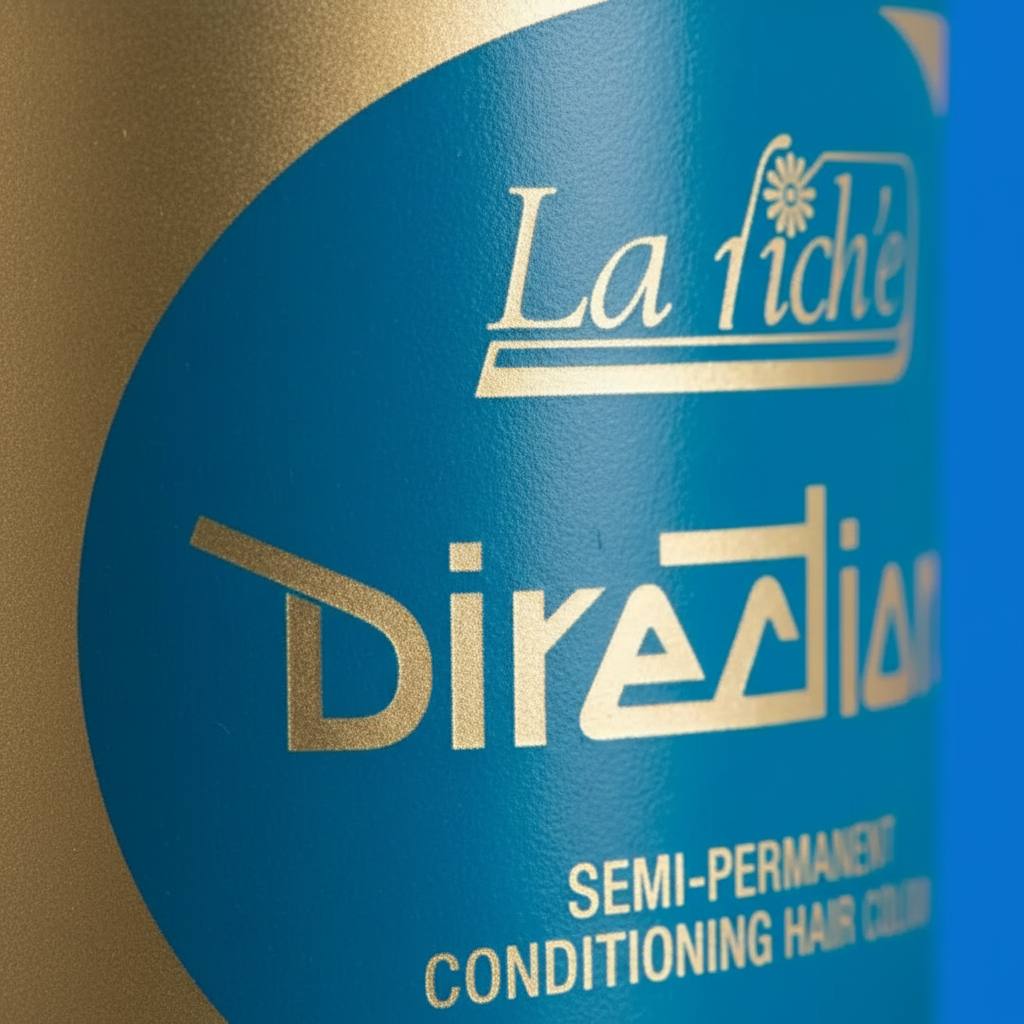 Extreme macro close-up of La Riche Directions Lagoon Blue hair dye tub showing vivid cerulean blue finish and gold label detail