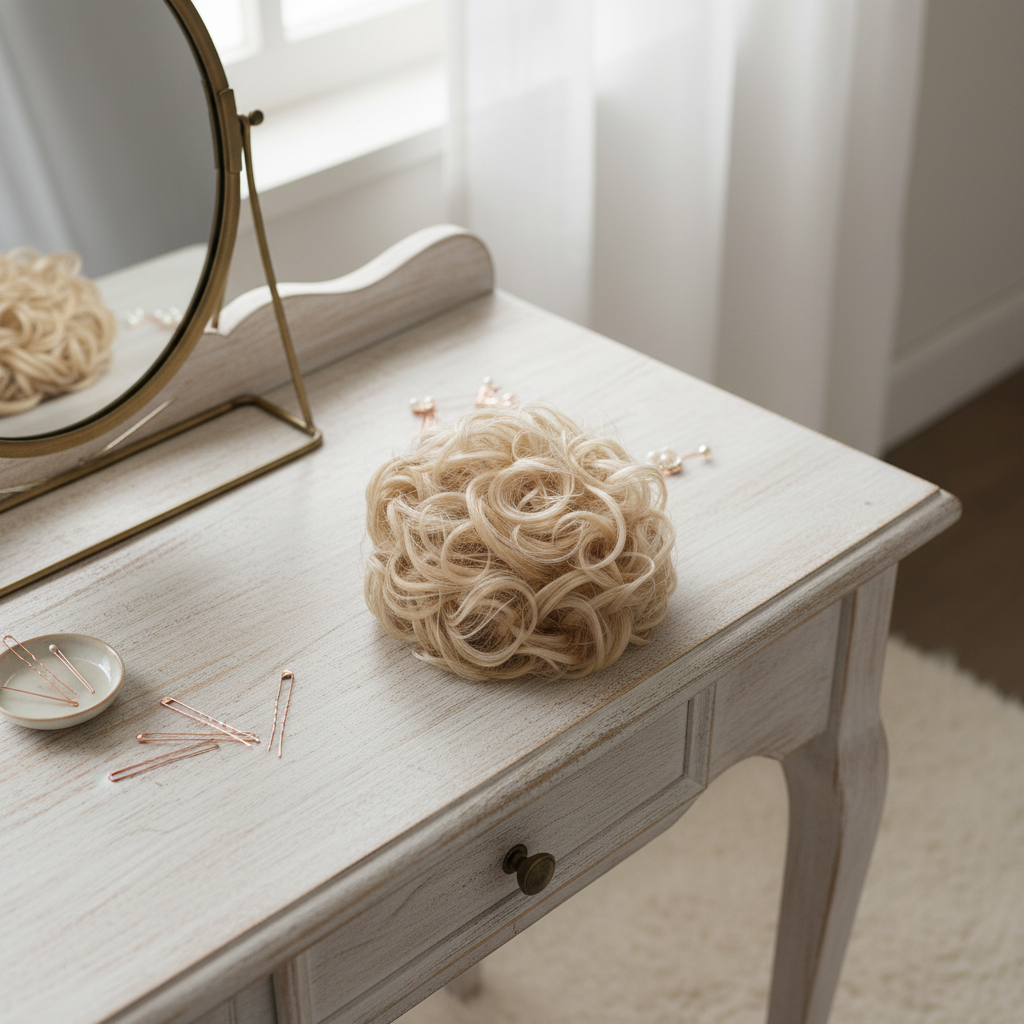 Warm blonde curly messy hair bun on a dressing table vanity with natural window light, interior magazine styling