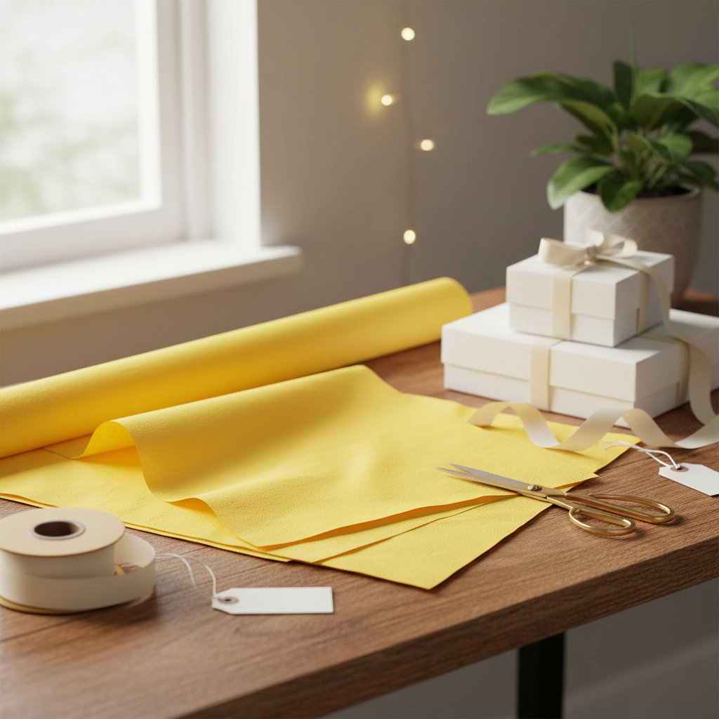 Yellow tissue paper at a gift wrapping station with scissors, ribbon and gift boxes, natural window light